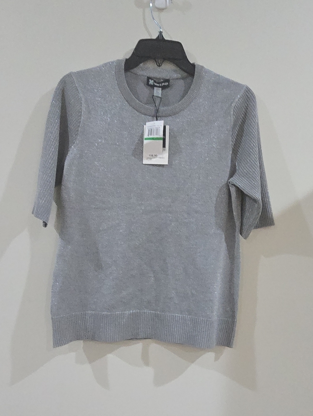 Cable & Gauge Heather Gray Silver Metallic Knit Short Sleeve Pullover Sweater L